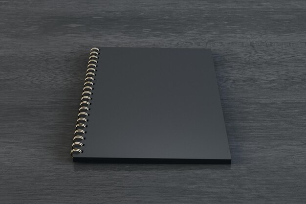 Primer plano de la libreta de espiral negra vacía sobre fondo de madera oscura Mock up 3D Rendering