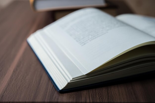 Foto primer plano de un libro abierto sobre una mesa de madera concepto educativo