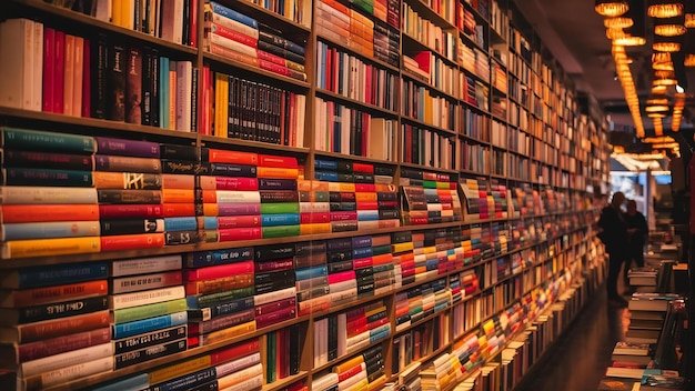 Primer plano de libros bien organizados en los estantes de la librería