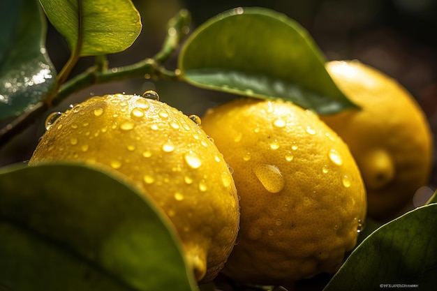 Un primer plano de limones con gotas de agua sobre ellos