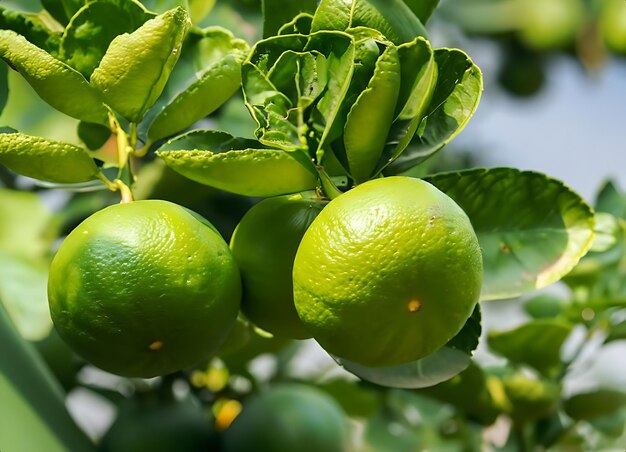 Un primer plano de los limones en una granja de frutas orgánicas