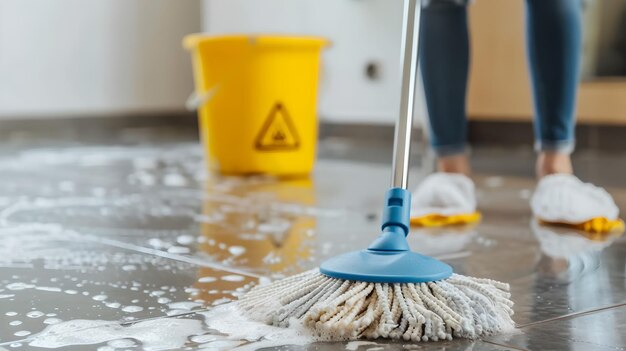 Foto primer plano de limpieza de pisos con trapeador y cubo concepto de mantenimiento y limpieza del hogar ai