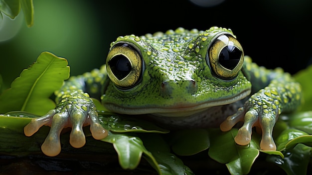 Primer plano de una linda rana gigante de vidrio de Nicaragua Espadarana prosoblepon asomándose de una hoja