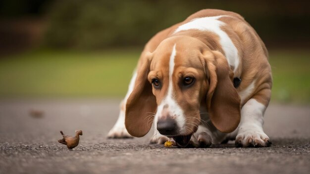 Foto un primer plano de un lindo basset marrón claro fauve de bretaña tratando de atrapar algo