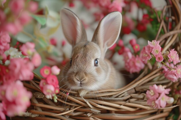 Un primer plano de un lindo conejo de Pascua en una canasta de madera con flores generadas por Ai