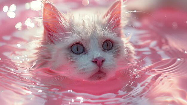 Primer plano de un lindo gato blanco nadando en el agua rosada generado por inteligencia artificial