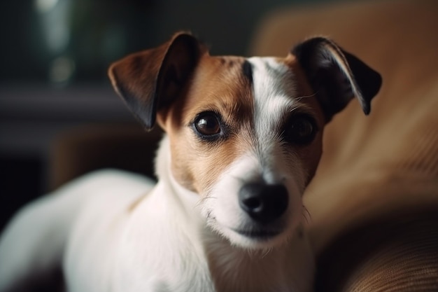Un primer plano de un lindo perro Jack Russell Terrier tendido en el sofá
