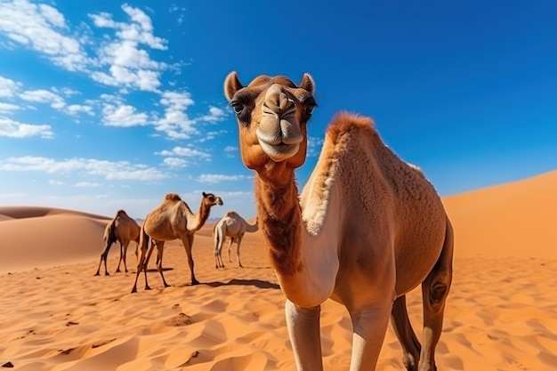 Un primer plano de un lindo retrato de camello en la vida silvestre del desierto
