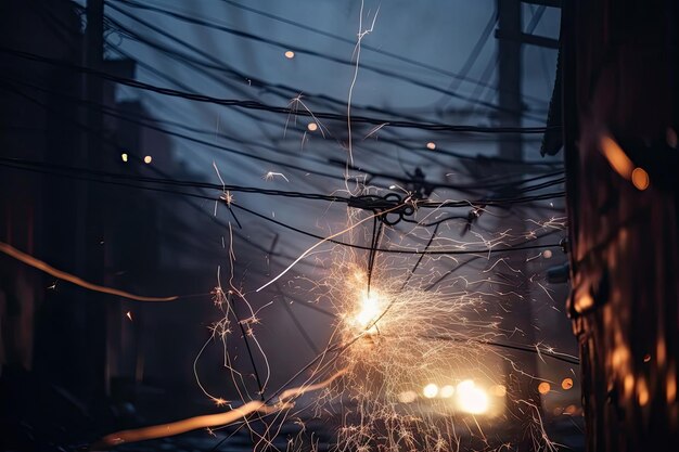 Primer plano de la línea eléctrica con cables rotos y chispas volando