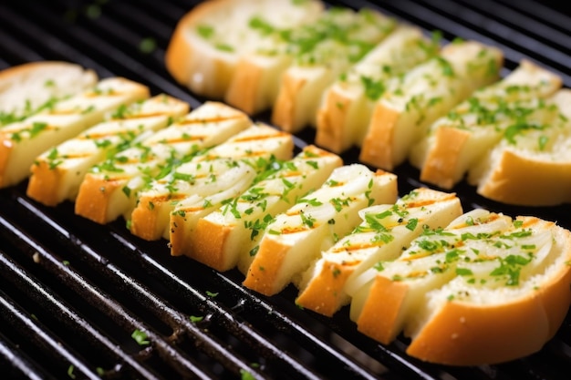 Primer plano de las líneas de parrilla en un pedazo de pan de ajo