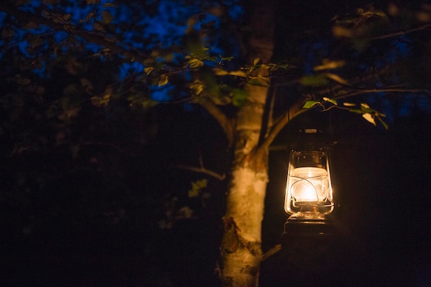 Primer plano de una linterna iluminada por la noche