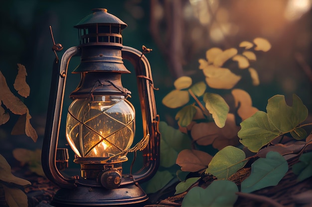 Primer plano de una linterna vintage con luz natural y vegetación en el fondo