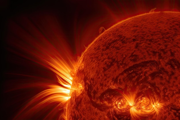 Primer plano de una llamarada solar con su intensa energía y calor visible