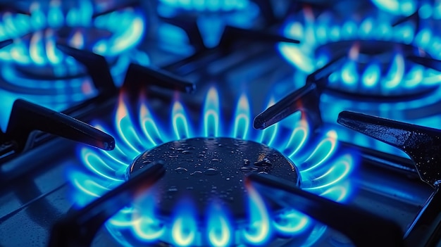 Foto un primer plano de las llamas azules intensas del quemador de la estufa de gas propano en la parte superior de la estucha de la cocina doméstica
