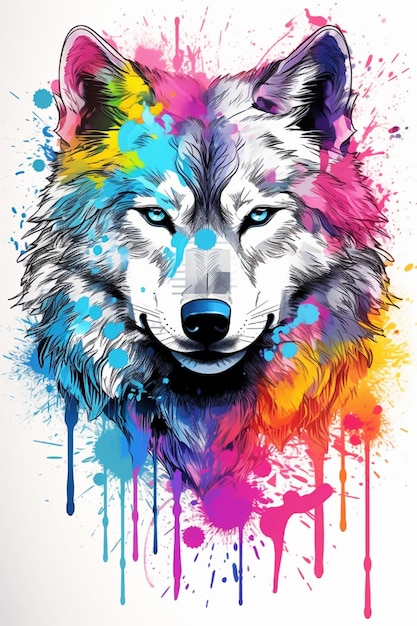 un primer plano de un lobo con salpicaduras de pintura en su cara