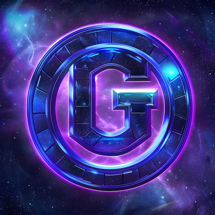 Foto un primer plano de un logotipo púrpura y azul con un fondo de galaxia