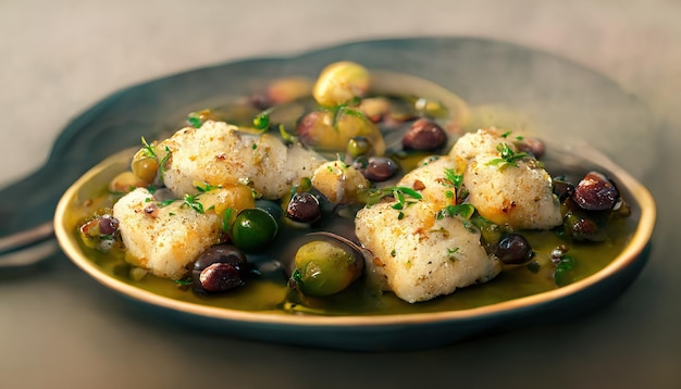 Primer plano de lomo de bacalao frito con patatas asadas y aceitunas