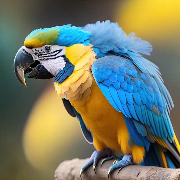 Primer plano loro guacamayo azul y amarillo Hermoso pájaro perico Plumas y plumaje tropicales