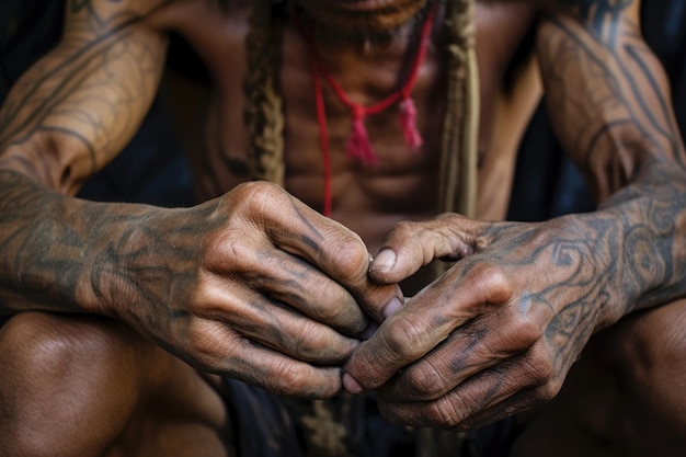 Foto primer plano de un luchador de muay thai envolviéndose las manos con correas