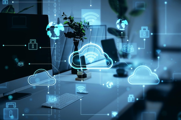 Primer plano del lugar de trabajo del diseñador creativo con monitor de computadora y holograma de computación en la nube digital sobre fondo borroso Concepto de servicio y datos en la nube Representación 3D