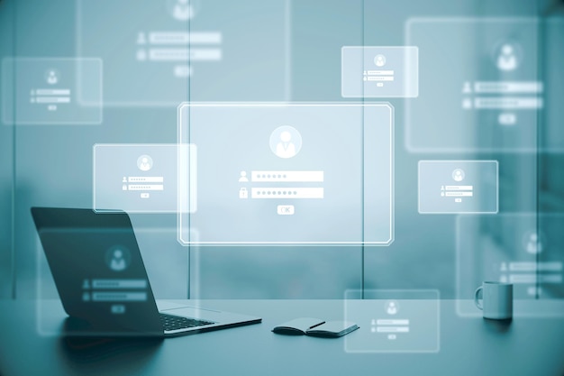 Primer plano del lugar de trabajo con la taza de café del monitor de la computadora portátil y hologramas de detalles de inicio de sesión en el fondo borroso de la oficina Contraseña página de negocios concepto de internet y tecnología Doble exposición