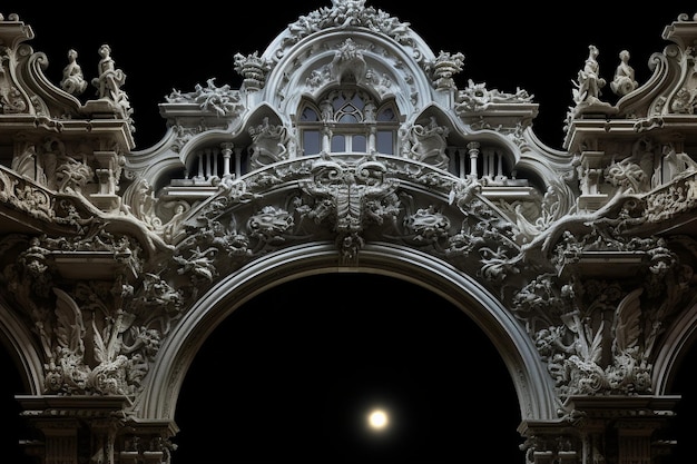 Un primer plano de la luna enmarcada por elementos arquitectónicos