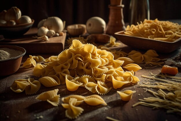 Primer plano de macarrones sin cocinar con cáscara de pasta en un fondo rústico oscuro