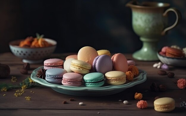 Un primer plano de macarrones en un fondo vintage dulce postre panadería comida ai generado