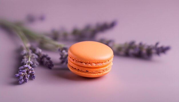 Primer plano de macarrones de naranja con flor de lavanda aislada con fondo suave