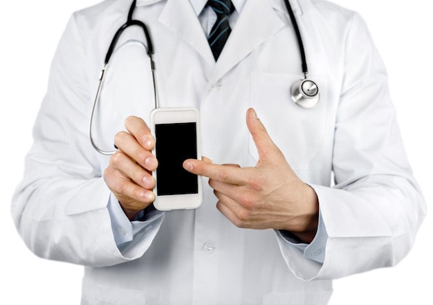 primer plano, de, macho, doctor, señalar, en, smartphone