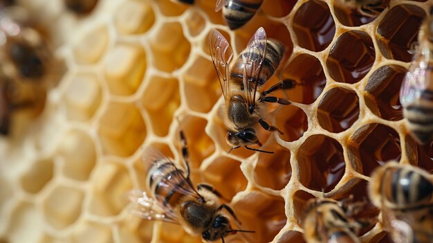 Foto primer plano macro de la colmena de abejas con detalles del panal generativo ai