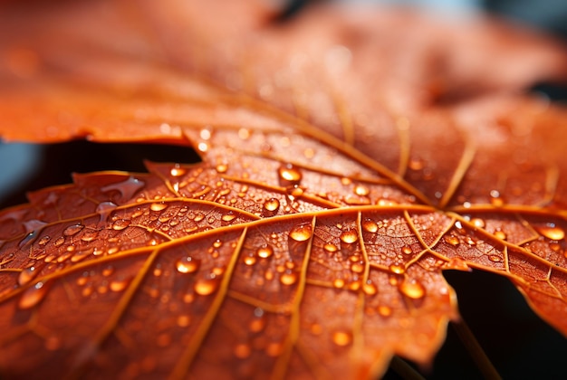 Primer plano macro de gotas de lluvia de hojas de arce rojo IA generativa