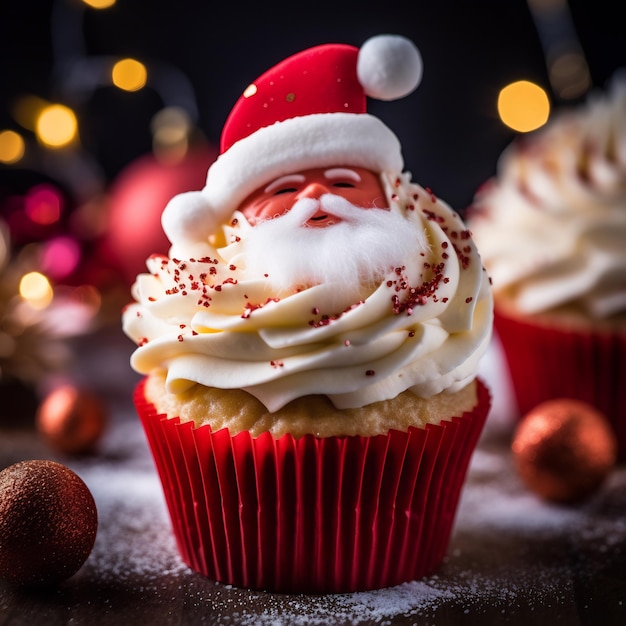 Primer plano macro de un sombrero navideño de Papá Noel Cupcakes Fotografía de alimentos estilo de alimentos