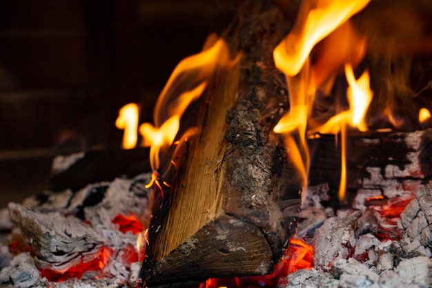 Primer plano de madera de chimenea, fuego