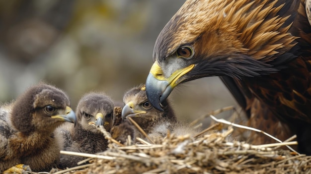 Foto primer plano de una madre águila dorada alimentando cuidadosamente con comida regurgitada a sus polluelos hambrientos su pico