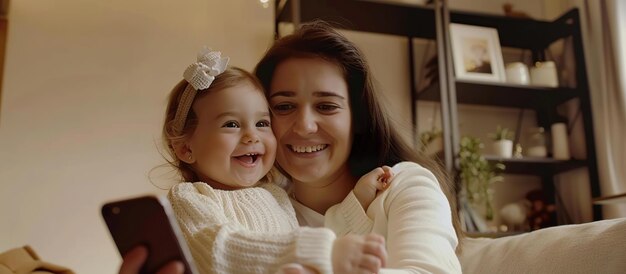 Un primer plano de una madre y su hijo tomando una selfie con su teléfono inteligente en la sala de estar