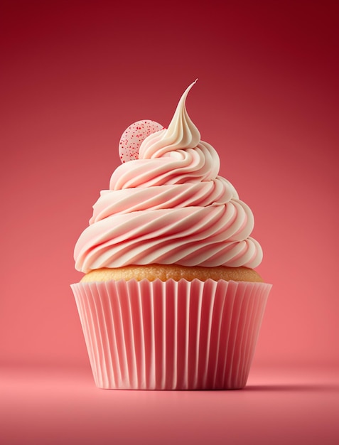 Un primer plano de una magdalena de fresa y vainilla sobre un postre de fondo rosa para San Valentín AI generativa