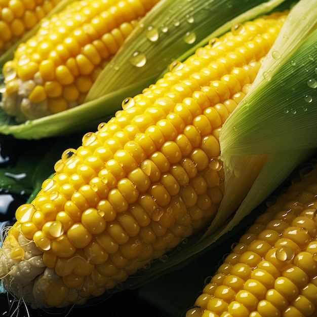 Foto primer plano de maíz amarillo en la mazorca con gotas de agua