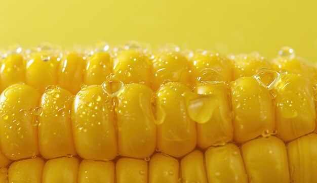 Un primer plano de maíz dorado fresco brillando con gotas de agua que resaltan la belleza natural
