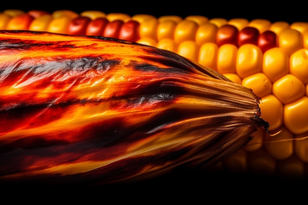 Un primer plano de un maíz y un maíz rojo y amarillo sobre un fondo negro