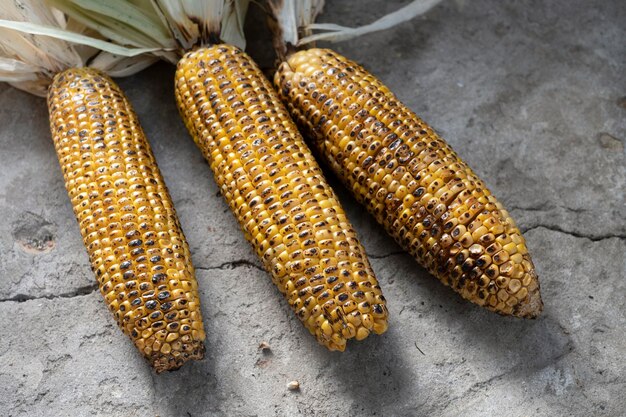 Primer plano de maíz a la parrilla sobre fondo de hormigón comida tradicional americana de vacaciones