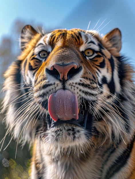 Primer plano de la majestuosa cara del tigre con la lengua lamiendo