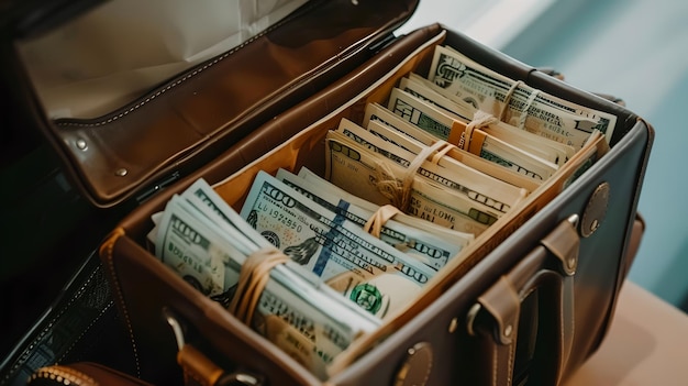 Primer plano de una maleta de cuero llena de dinero en paquete concepto de riqueza y éxito financiero Perfecto para un proyecto de temática financiera Imágenes elegantes y de alta calidad IA