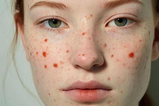 Un primer plano de las manchas de acné inflamadas en la cara