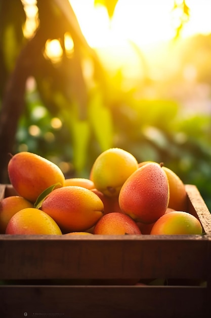 Un primer plano de mangos en caja de madera