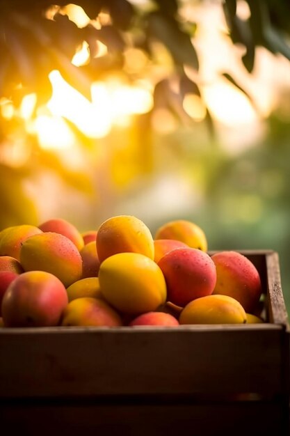 Un primer plano de mangos en caja de madera