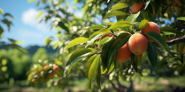 Primer plano de mangos colgados en el concepto de industria agrícola de granja de mangos IA generativa