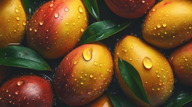 Un primer plano de mangos con gotas de agua sobre ellos