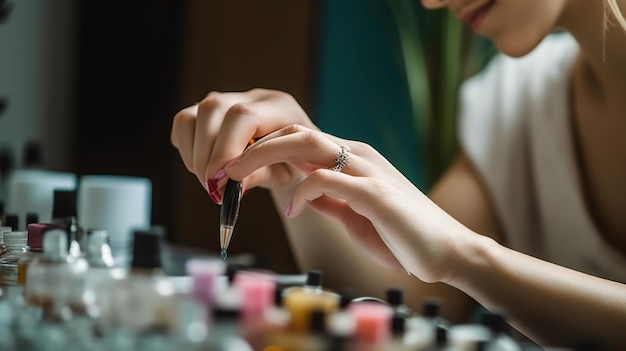 Primer plano de manicura en un esmalte de salón de belleza en las uñas femeninas del cliente IA generativa