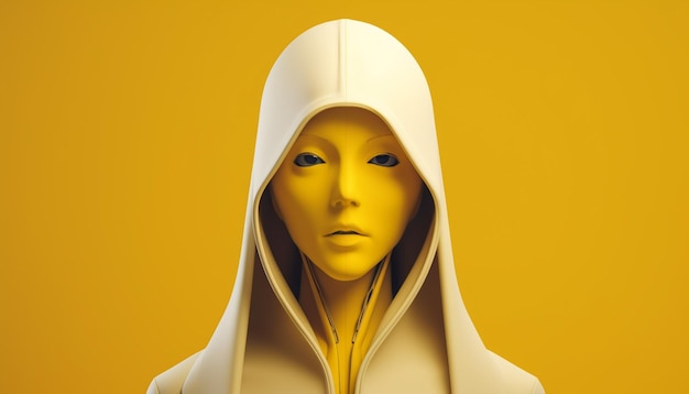 Un primer plano de un maniquí amarillo con una capucha generativa ai